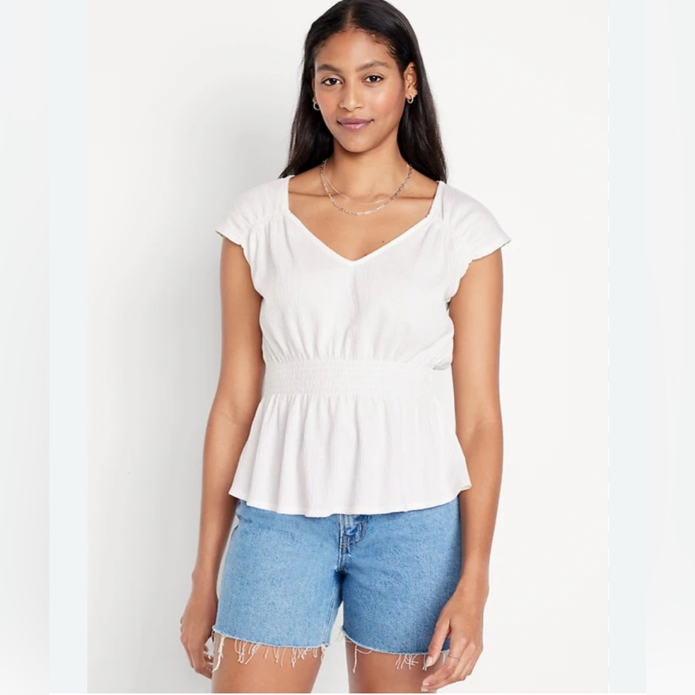 White V-Neck Smocked Waist Top